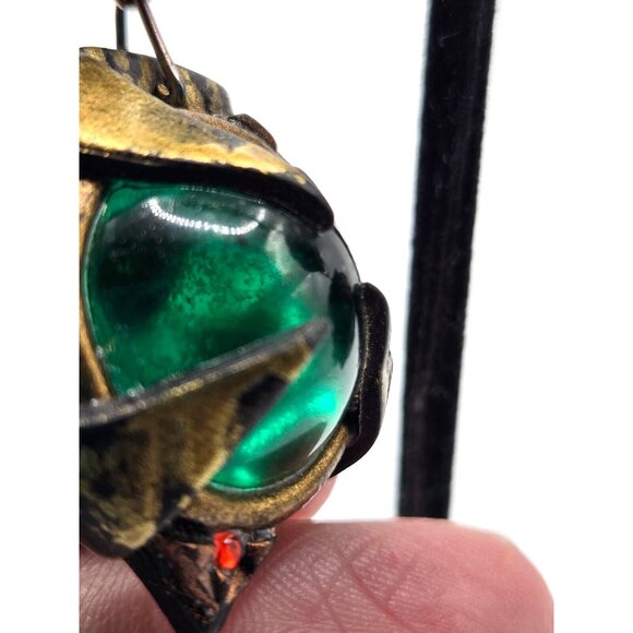 Vintage Dangling Green Glass and Paste Gold tone hook earrings 3" long rare - Picture 6 of 7